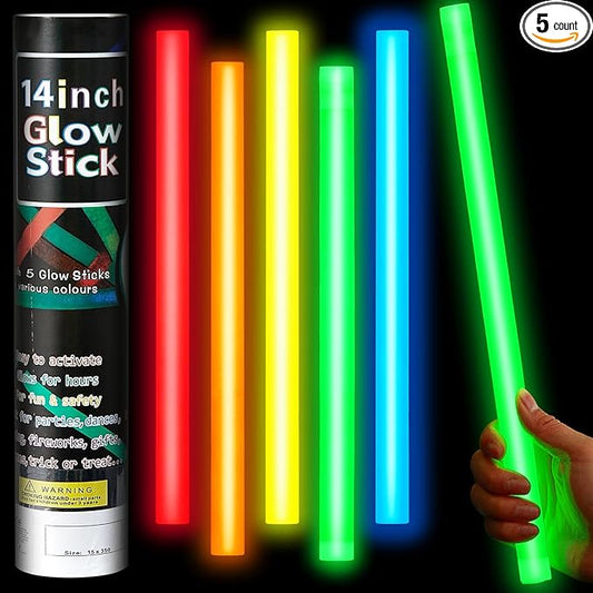 Lewtemi 5 Pcs Large Glow Sticks, 14 Inch Jumbo Light up Sticks Holiday Colorful Sticks Emergency Glow in The Dark Party Supplies for Camping, Halloween, New Year