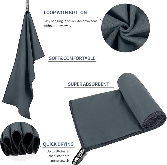 Microfiber Travel Towel, Soft Lightweight Quick Dry Towel, Super Absorbent Compact Travel & Sports & Beach Towels for Camping, Backpack, Gym, Swimming, Yoga, Hiking (L:24"×48" -Deep Gray)