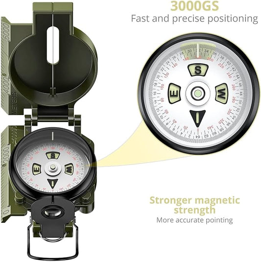 Compass Hiking with Clinometer, Strong Magnetic Intensity 3000 Gauss Professional Military Compass Waterproof Lensatic with Carry Bag, for Navigation Hiking Camping Hunting