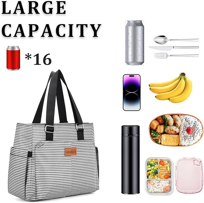 Large Women Lunch Bags/Insulated Adult Lunch Box/Leakproof Cooler Lunch Tote Bag with Storage Pocket. Reusable Lunch Purse for Work Picnic Hiking 12L, Stripe