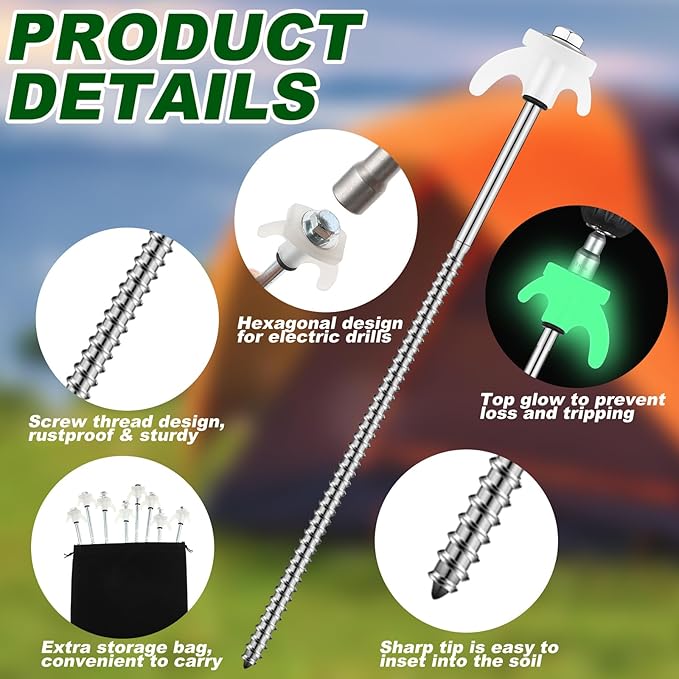 JaGely 20 Pcs 12 Inch Tent Stakes Heavy Duty Grow in The Dark Tent Stakes Metal Screw in Camping Stakes with Luminous Head Ground Anchor Pegs with Hex Head Driver for Camping Inflatable Yard Decor