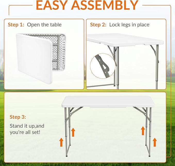 Folding Table, 4 Feet Heavy Duty Fold-in-Half Utility Table Indoor Outdoor for Camping, Picnic, Party