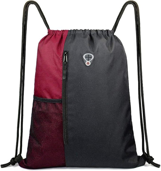 Drawstring Backpack Sports Gym Bag for Women Men Large Size With Two Zipper Pockets and Water Bottle Mesh Pockets