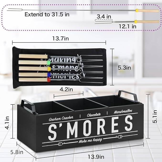 S'Mores Station, Farmhouse Smores Caddy with Handles, Smores Kit for Fire Pit Smores Maker Box, Smores Bar Station with 5Pcs Extendable Marshmallow Roasting Sticks, Camping Essentials Gear Accessories