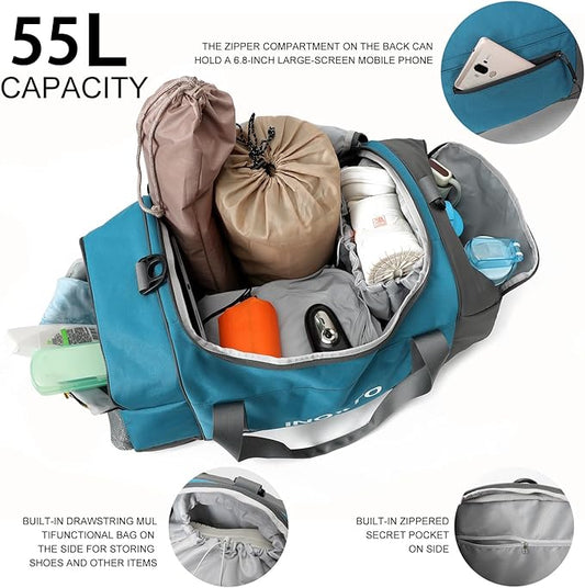 Sports Gym Bag，INOXTO Travel Duffel Bag with Dry Wet Pocket And Shoe CompartmentFor Women and Men，40L/55L Fitness Waterproof Weekender Bag For Swim Sports Travel Working Out (Blue White, 55L)