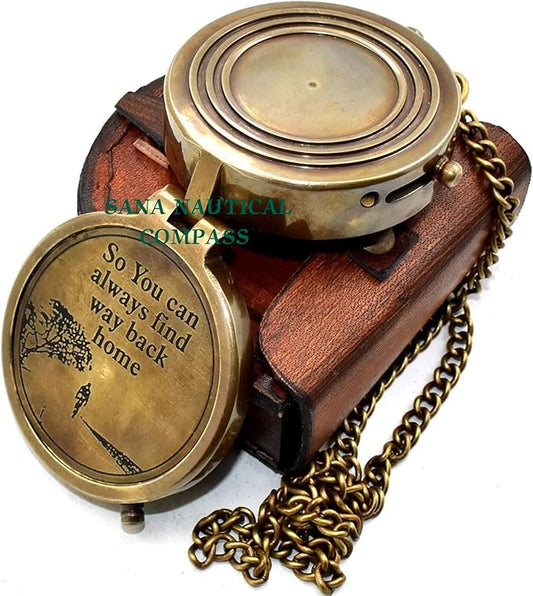 Antique Pocket Chain Compass to My Husband Brass Locket Compass with Engraved Brass Compass on Chain with Leather case, by Brass Nautical Compass, Antique Brown, 2.5 X 2.5 X 0.90''