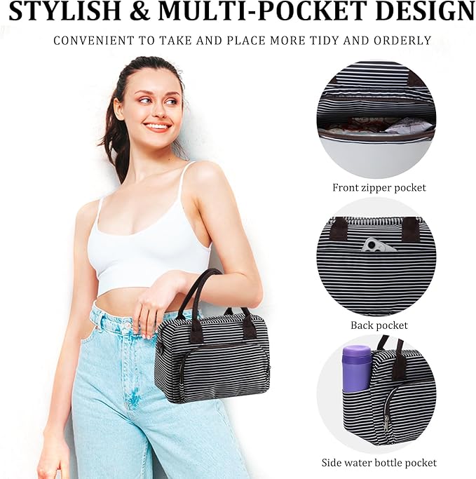 Lunch Bag for Women Men Insulated Reusable Large Lunch Box Adult Striped Leakproof Portable Cooler Tote Bags for Work Picnic