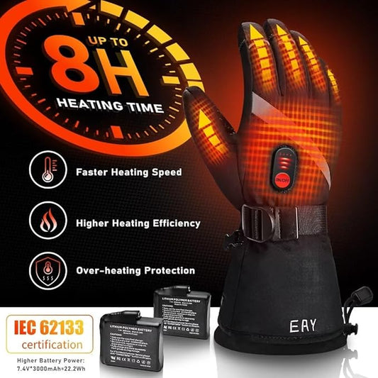 EAY Heated Gloves for Men Women with Rechargeable 7.4V 3000mAh Battery, Touch Screen Waterproof Heated Motorcycle Gloves, Winter Warm Electric Gloves for Ski Work Snowboarding Hunting Hiking Camping