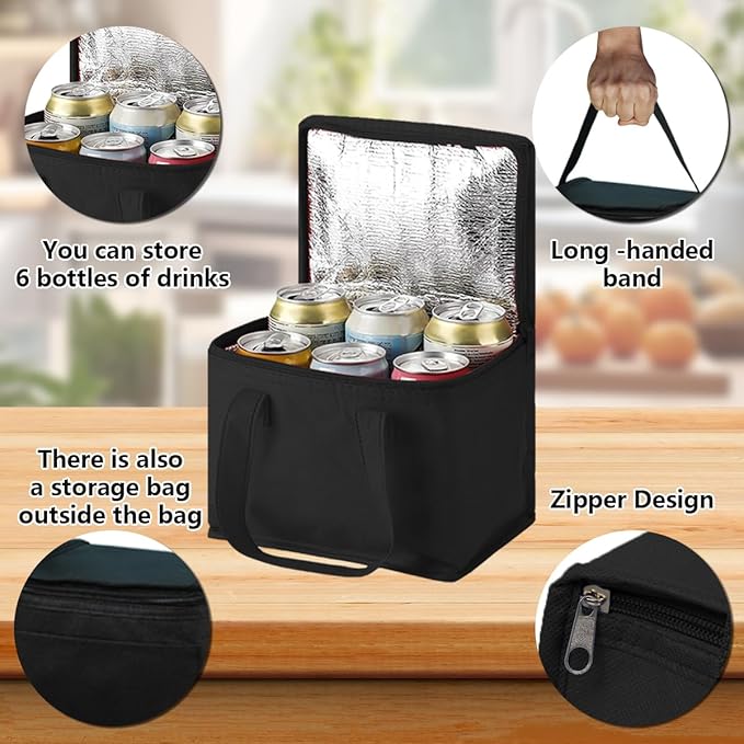 Insulated Lunch Bag, 40 Pack Reusable Cooler Bags Set, Leakproof Lunch Boxes with Zippered Top for Women Men Office Work (Black)