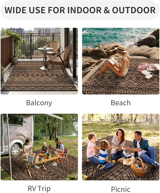 MontVoo Outdoor Rug 8x10 Waterproof Outdoor Patio Rug Mat Reverisble Plastic Straw Outdoor Rug for RV Camping Picnic Beach Balcony Boho Black Brown