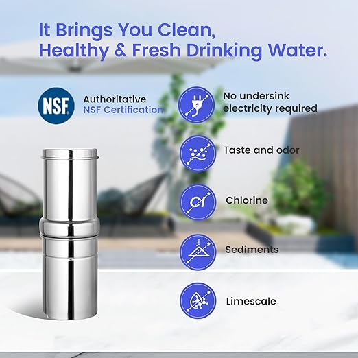 NSF/ANSI 42&372 Standard 1L (1000 ML) Portable Stainless Steel Gravity-Fed Water Filter Gravity Sport Bottle with Carbon Filter, for Travel, Camping, Backpacking and Emergency Preparedness