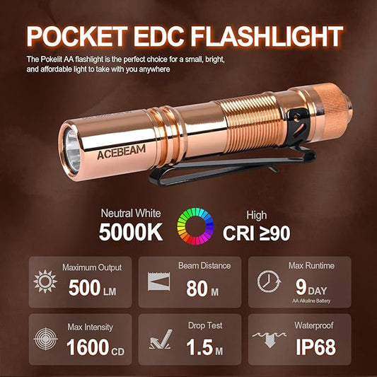 ACEBEAM Pokelit AA Rechargeable Mini Flashlight with Clip, 500 High Lumens Pocket EDC Flashlight, Super Bright Small Flashlight,519A 90+ High CRI Led Flashlight for Camping,Hiking,Everyday Use(Copper)
