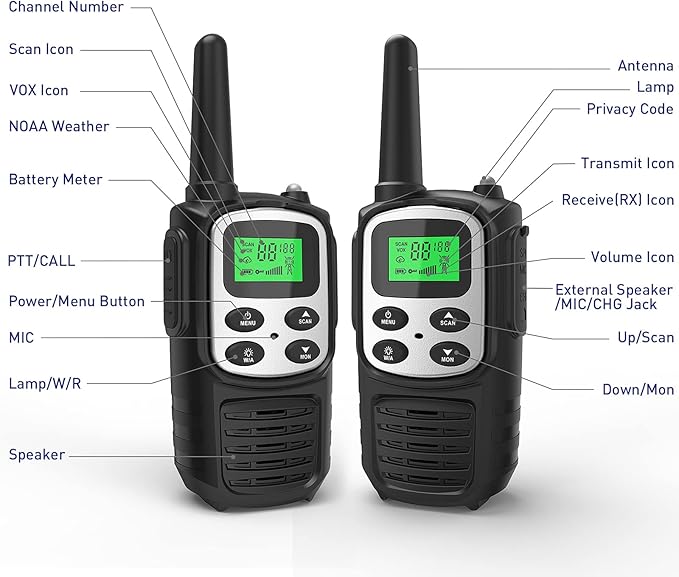 Rechargeable Walkie Talkies,Fvamom Walkies Talkies for Adults with 22 Channels,Long Range Walkie Talkies with NOAA Weather Channels,VOX LCD Display LED Flashlight for Hiking Camping Trip(Silver)