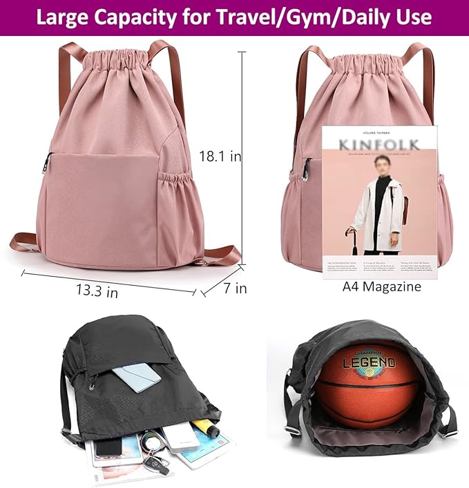 Drawstring Backpack Waterproof Small Gym Bag for Women String Backpack, Sports Gym Sack Cinch Bag with Multi Pockets (Pink)