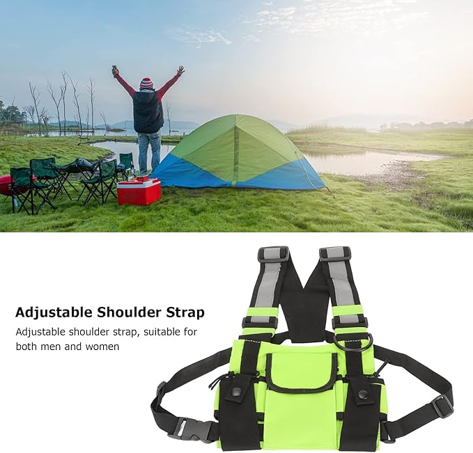Universal Radio Chest Harness Rig Bag, Walkie Talkie Pocket Pack Holster Vest with Front Pouches & Adjustable Shoulder Straps for Two Way Radio (Bright Green)