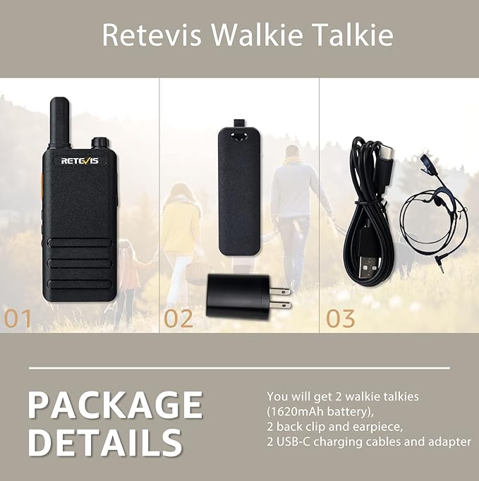 Retevis RT22P Walkie Talkie with Earpiece, New Version of RT22(2.0), Handheld 2 Way Radio Rechargeable 1620mAh, USB-C, VOX, Ultra-Thin Walkie Talkies Mini for Outdoor Camping Skiing Gift(2 Pack)