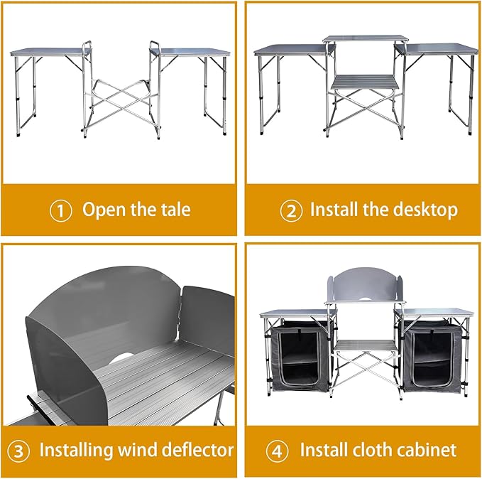 Camping Kitchen Table, Portable Aluminum Outdoor Cooking Station with 2 Storage Cupboards & Carrying Bag, Outdoor Cooking Table for BBQ Beach RV Traveling Picnic (Silver)