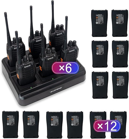 GV-8S Long Range Walkie Talkies with Six-Way Multi-Unit Charger for Adults, 6 Pack Rechargeable Walkie Talkies with 12 Li-ion Batteries, Two-Way Radio with Earpieces and Mic