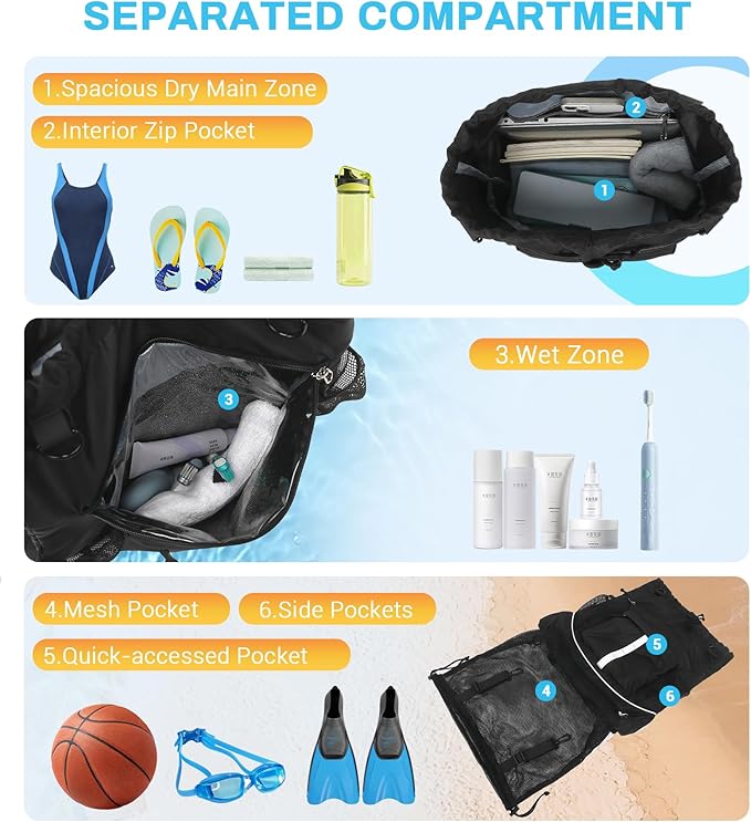 Drawstring Backpack, Waterproof Sandproof Beach Backpack for Sport Gear Small Gym Bag with Hidden Ball Net Pocket and Seperated Wet Pocket Draw String Back Bag for Women Men, Black