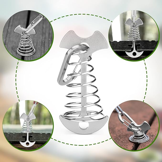 TOBWOLF 10PC Silver Deck Tie Down Anchors Fishbone Tent Pegs with Carabiners, Aluminum Tent Stakes Wind Rope Anchors Spring Deck Anchor Pegs Windproof Tent Rope Tightener Camping Outdoor Accessories