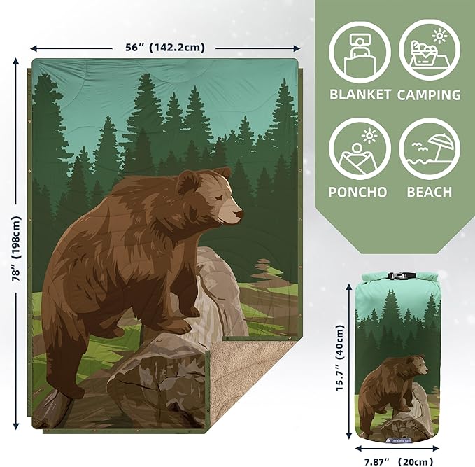 Outdoor Camping Blanket with Sherpa Lining, Extra Warm Thick Camp Blankets & Puffy Ultralight Soft Poncho DWR Camping Quilt for Cold Weather, Adventure,Sleeping,Backpacking 78"x 56"