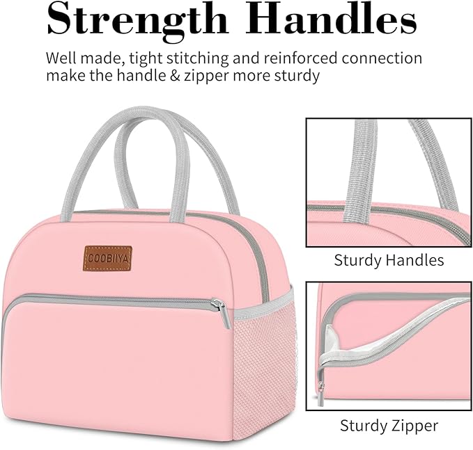 Coobiiya Lunch Bag for Women Men, Insulated Reusable Picnic Bag, 10.8"L x 6.3"W x 8.85"H, Pink
