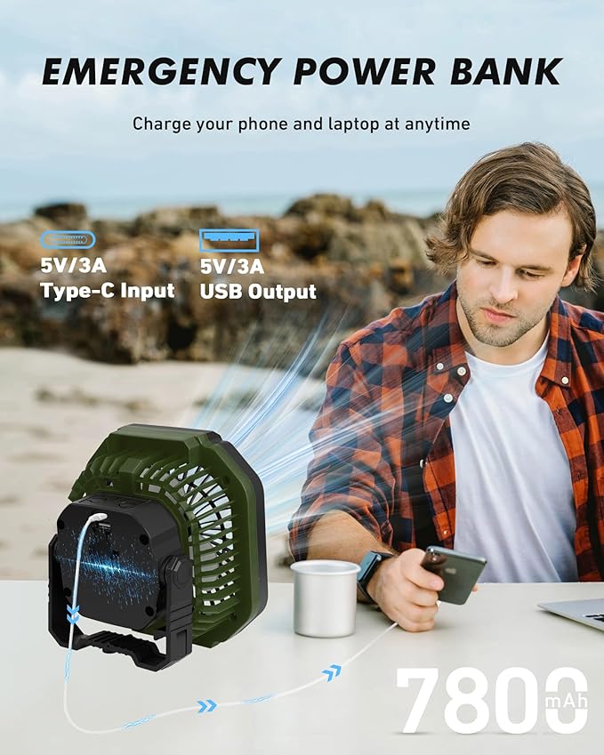 Portable Camping Fan with LED Light, 7800mAh Rechargeable Battery Operated Fan Lantern with Hook & Remote, USB Fan for Tent RV Hurricane Outages Emergency