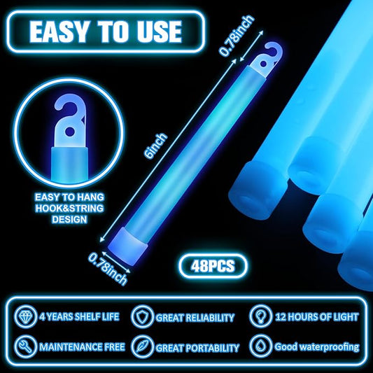 Sotiff 48 Pcs 6 Inch Large Bright Glow Sticks Light Sticks Emergency Chem Safety Glow Sticks with 12 Hours Duration for Survival Hiking Outdoor Camping Dark Party Activities Blackout Storm