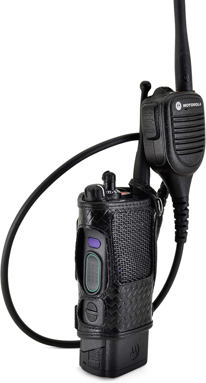 Turtleback Radio Holster for Motorola APX6000 – Durable Basket Weave Leather Radio Holster with Heavy-Duty Ratcheting 2.25" Belt Loop – All-Button Access – Fits Slim or Extended Battery