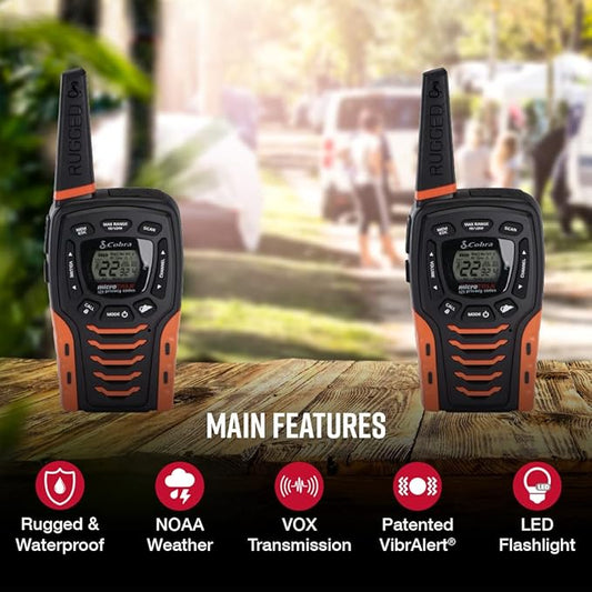 Cobra ACXT645 Waterproof Walkie Talkies for Adults with Compatible Cobra Surveillance Headset Microphone: Rechargeable, 22 Channels, 35-Mile Range, 2 Two-Way Radios, 2 Headsets, Black/Orange