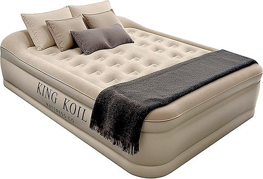 King Koil Luxury Queen Size Air Mattress with High-Speed Built-in Pump, Blow Up Bed Top Side Flocking, Puncture Resistant, 16in Double High Inflatable Airbed Guests or Travel 1-Year Warranty