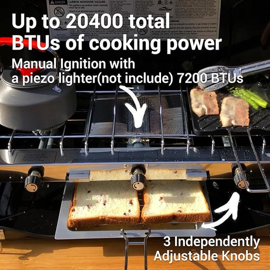 Camping Stove, 3 Burners Propane Portable Camp Stove with Regulator & Griddle, Push-Button Instant Ignition, Portable Camp Grill, Adjustable Burners for Camping Cooking (BLACK-20400 BTUs)