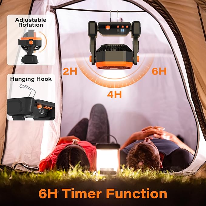 Portable Camping Fan Rechargeable with Inductive Charging Function, 20000mAh Battery Operated Fan with Lights, Outdoor Battery Powered Fan with Remote, 3 Timer for Picnic, Fishing, Travel, Home