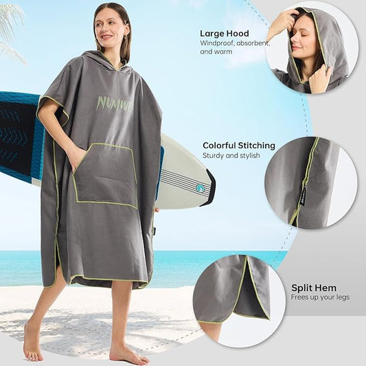Microfiber Surf Poncho Changing Towel Robe with Changing Mat, Quick Dry Hooded Towel Poncho with Pocket for Beach, Pool, Swim, Wetsuit Changing (Gray)