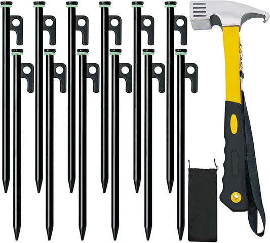 Tent Stake with Hammer, 12-Pack 12in Heavy Duty Tent Stakes + 10in Tent Stakes Hammer+Storage Pouch, Forged Steel Tent Stakes for Camping Used on Rocks, Grassland(12Pcs 12in Tent Stakes and Hammer)