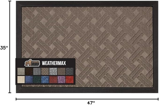 GORILLA GRIP 100% Waterproof All-Season WeatherMax Doormat, 47x35, Durable Natural Rubber, Stain and Fade Resistant, Low Profile, Indoor Outdoor Door Mats, Easy Clean Entry Mat, Taupe Basket Weave