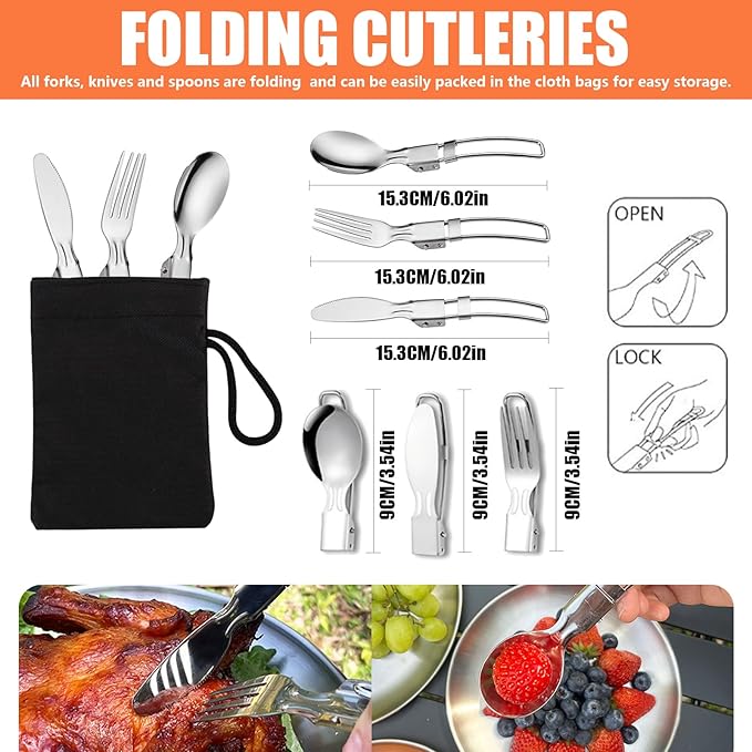 Camping Cooking Set Camping Cookware Outdoor Aluminum Mess Kit with Frying Pan, Pot with Lid, 1.2L Kettle Set and 2 Stainless Steel Plate, 2 Folding Cups and 2 Set Knives Spoons for Backpacking Picnic