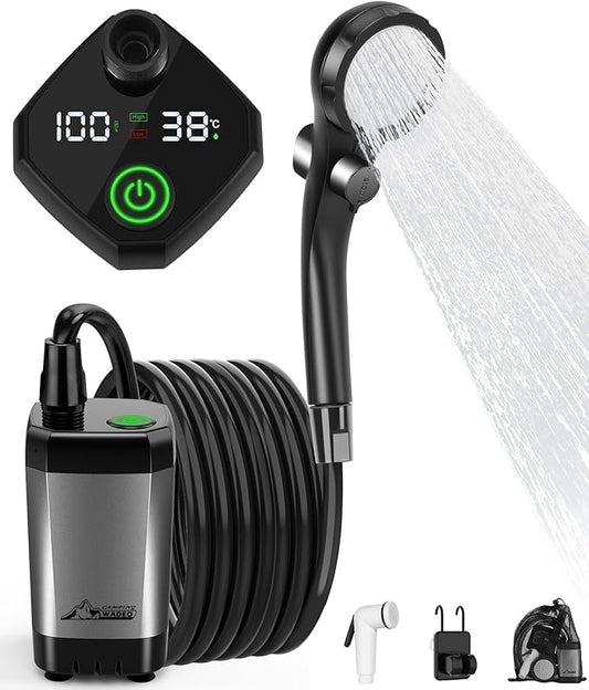 WADEO Portable Shower for Camping, 6000mAh Outdoor Electric Shower Rechargeable Pump with Intelligent Digital Display, Camping Shower Head Nozzle for Camping, Hiking, Traveling, Washing