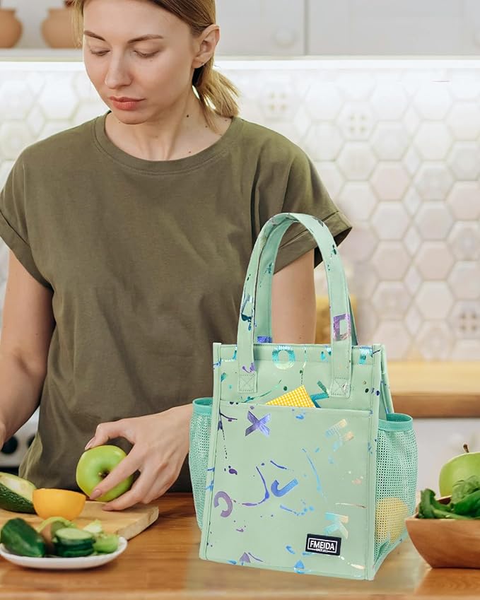 Fmeida Insulated Lunch Bag Women, 6.75L Small Lunch Tote Bags, Waterproof Thermal Cooler Lunch Bag, Reusable Lunch Box with Front Side Interior Pockets, Colorful Letters