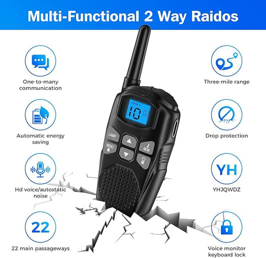 Walkie Talkies for Adults 2 Pack, YKSTT Rechargeable VOX Scan Long Range Walkie Talkies,22 Channels Two-Way Radios with LED Flashlight for Hiking Camping Accessories (2 Pack - Black)