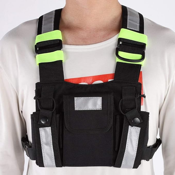 Radio Chest Harness Rig Holster Pack with Front Pouches Zipper Bag and Green Reflective Strips for Walkie Talkies Two Way Radio