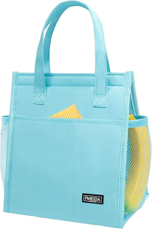 Fmeida Insulated Lunch Bag Women, Simple Lunch Tote Bags, Waterproof Thermal Cooler Lunch Bag, Reusable Adult Lunch Box Bag for Women | Medium Sky Blue, Front&Side&Interior Pockets