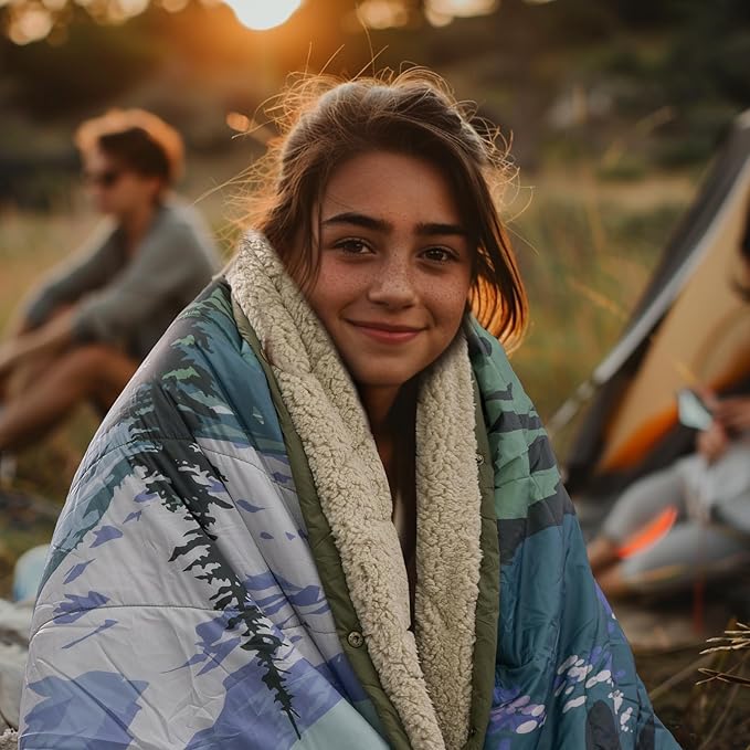 Outdoor Camping Blanket - Puffy Ultralight Packable Blankets for Sleeping, Camp, Travel, Hiking, Stadium, Sherpa Fleece Warm Puffer Portable Camping Quilt, DWR,Machine Washable，56"x 78"