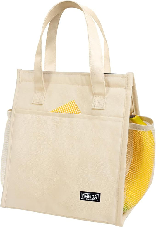 Fmeida Insulated Lunch Bag Women, Simple Lunch Tote Bags, Waterproof Thermal Cooler Lunch Bag, Reusable Adult Lunch Box Bag for Women | 9L Beige, Front&Side&Interior Pockets