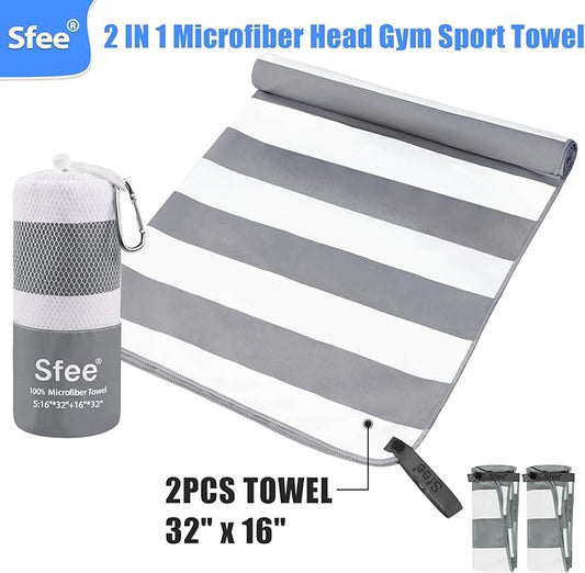 Sfee 2 in 1 Microfiber Travel Towel, Quick Dry Towel Camping Towel Beach Towel Super Absorbent Compact Lightweight Sports Towel Gym Towel Set for Gym, Hiking, Pool, Bath, Yoga (Small: 32''x16'')