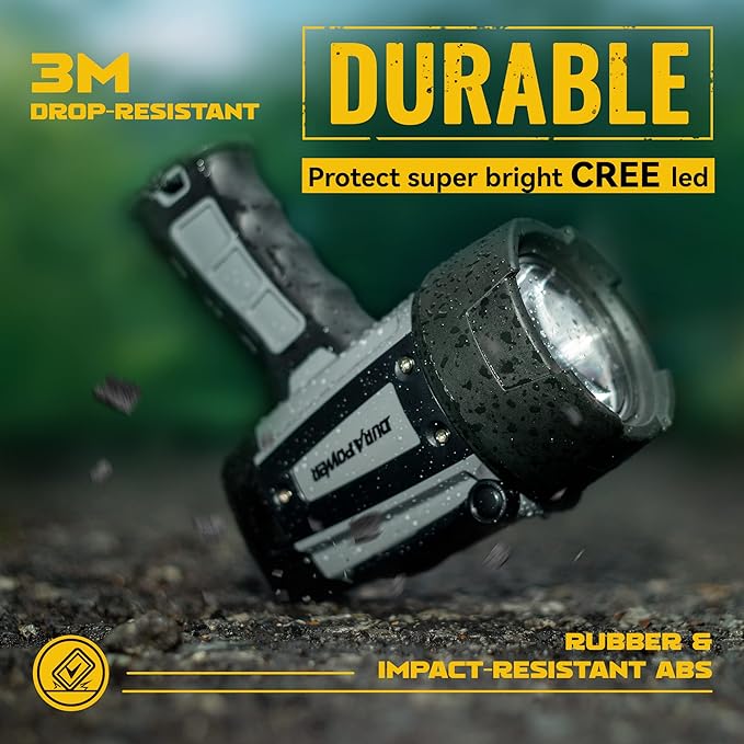 Durapower Rechargeable Spotlight, 1000LM IP68 Waterproof Super Bright Handheld Spotlight, 434m Range LED Portable Spot Flashlight for Marine Boat Hunting Camping (1000LM) (Grey)
