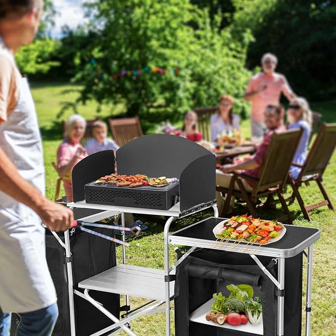 Portable Aluminum Camping Kitchen Table with 2 Storage Cupboards & Bags, Camping Cook Station Ideal for Beach RV Traveling Camp Kitchen (Black)