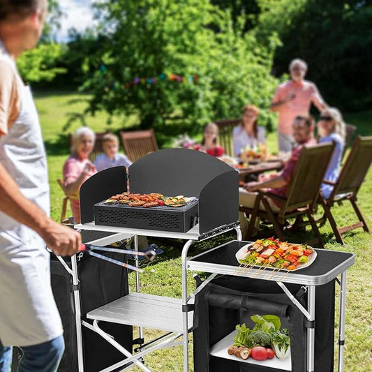 Portable Aluminum Camping Kitchen Table with 2 Storage Cupboards & Bags, Camping Cook Station Ideal for Beach RV Traveling Camp Kitchen (Black)