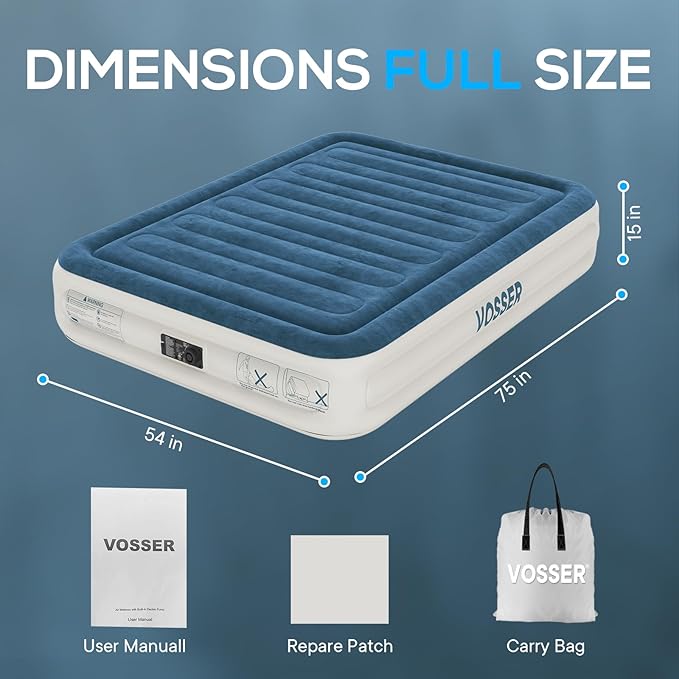 Air Mattress Full with Built in Pump,Inflatable Mattress 2 Mins Self-Inflation/Deflation,Thicker Blow up Mattress Leak-Proof,Flocked Top Air Bed with Storage Bag for Home, Camping & Guests