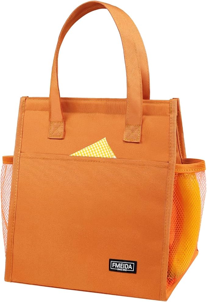 Fmeida Insulated Lunch Bag for Women Cooler Lunch Bag Thermal Adult Lunch Totes Reusable Lunch Boxes for Office College Beach Travel | Medium Orange Front&Side&Interior Pocket